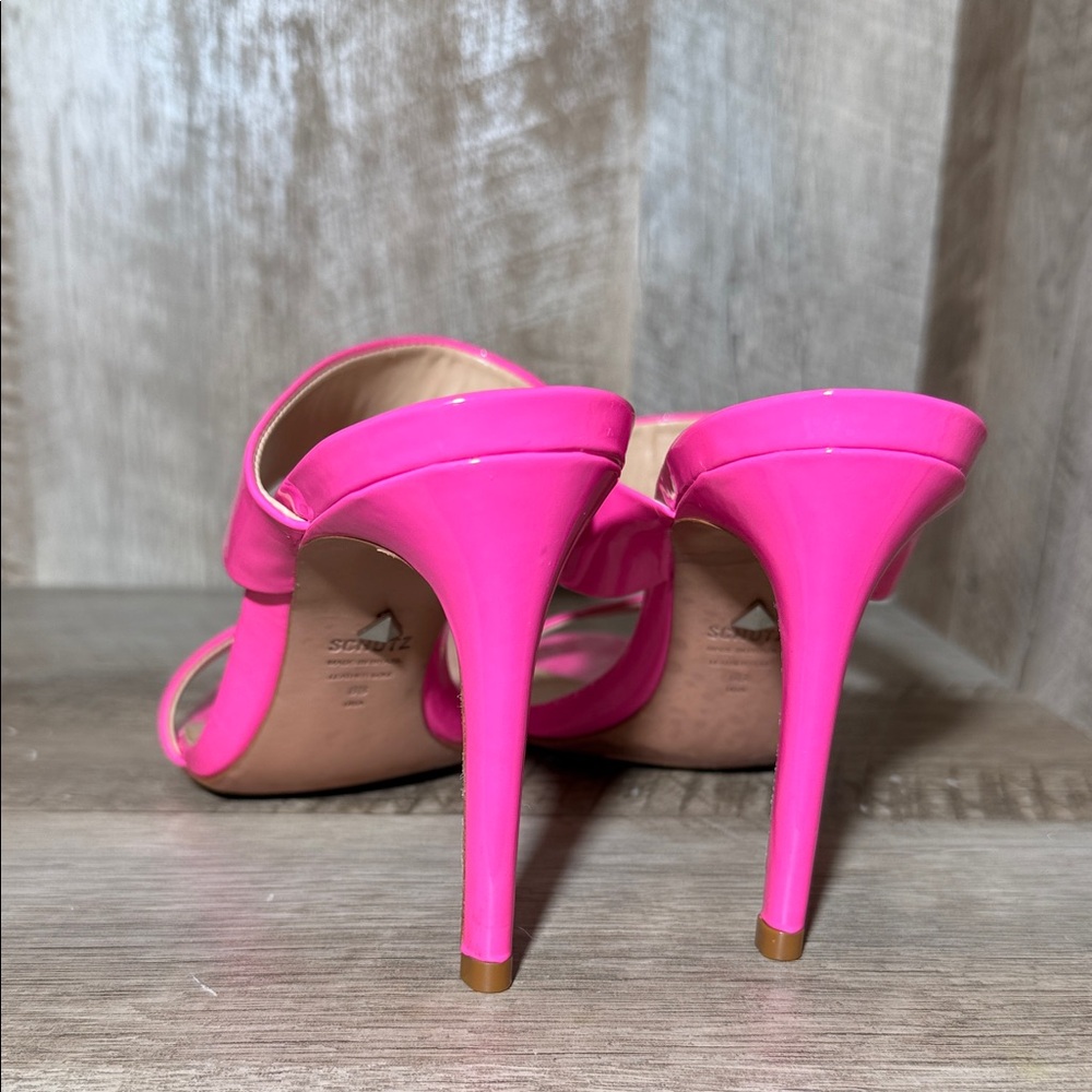 Schutz Leia Mule Heel Sandals in neon pink - Picture 5 of 13